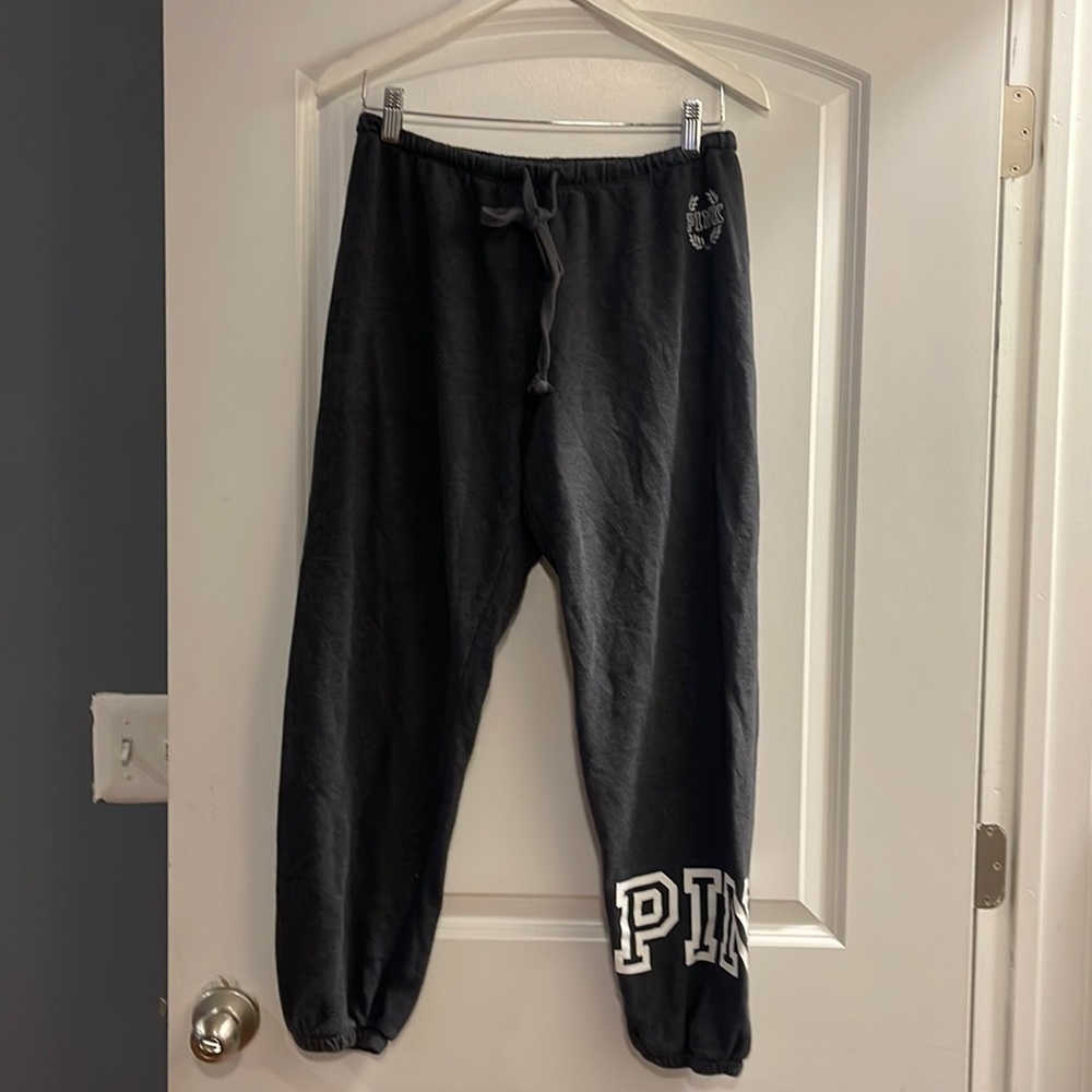 Pink Victoria Secrets medium gray logo leg drawstring joggers